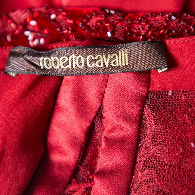 Pre Owned Roberto Cavalli Burgundy Silk Embellished Lace Sleeve Detail Faux Wrap Maxi Dress L