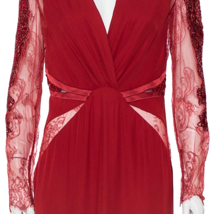 Pre Owned Roberto Cavalli Burgundy Silk Embellished Lace Sleeve Detail Faux Wrap Maxi Dress L