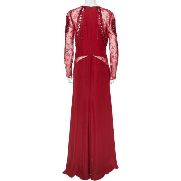 Pre Owned Roberto Cavalli Burgundy Silk Embellished Lace Sleeve Detail Faux Wrap Maxi Dress L