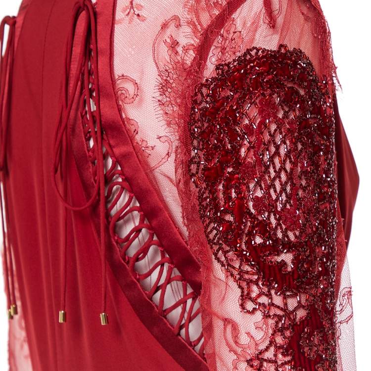 Pre Owned Roberto Cavalli Burgundy Silk Embellished Lace Sleeve Detail Faux Wrap Maxi Dress L