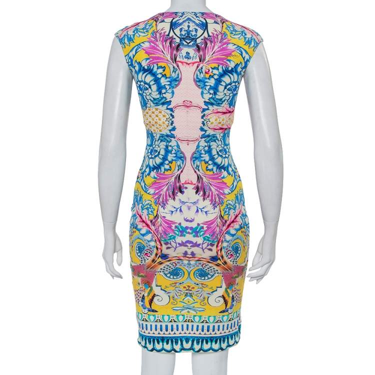 Pre Owned Roberto Cavalli Multicolor Knit Draped V-Neck Sheath Dress S
