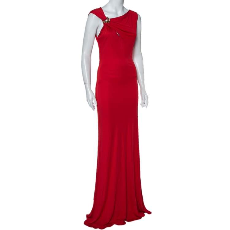 Pre Owned Roberto Cavalli Red Knit Shoulder Brooch Detail Sleeveless Maxi Dress L