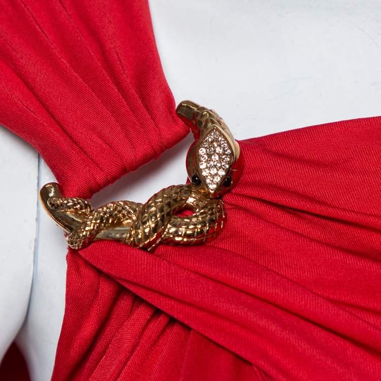 Pre Owned Roberto Cavalli Red Knit Shoulder Brooch Detail Sleeveless Maxi Dress L