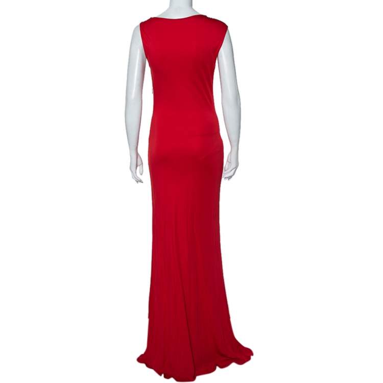 Pre Owned Roberto Cavalli Red Knit Shoulder Brooch Detail Sleeveless Maxi Dress L