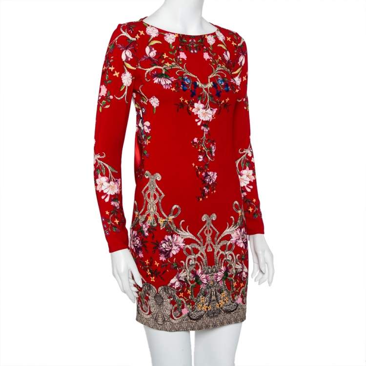 مملوكة مسبقًا Roberto Cavalli Red Floral Printed Silk Open Back Detail Sheath Dress S