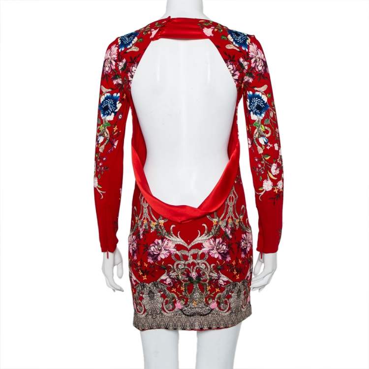 مملوكة مسبقًا Roberto Cavalli Red Floral Printed Silk Open Back Detail Sheath Dress S