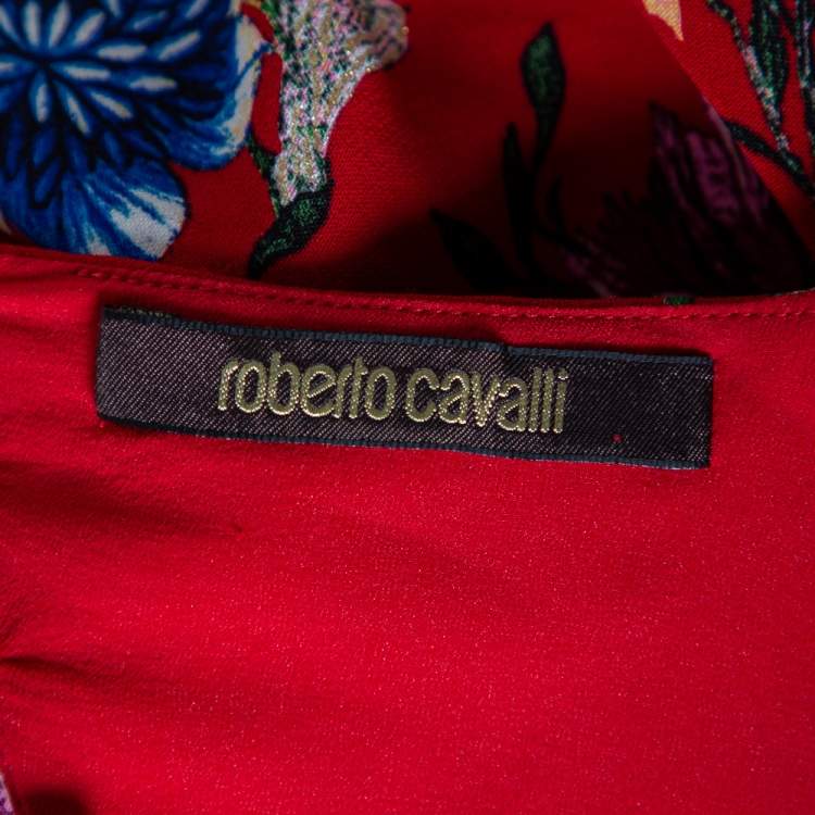 مملوكة مسبقًا Roberto Cavalli Red Floral Printed Silk Open Back Detail Sheath Dress S