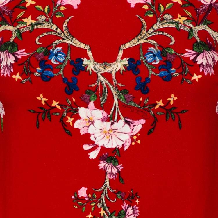 مملوكة مسبقًا Roberto Cavalli Red Floral Printed Silk Open Back Detail Sheath Dress S