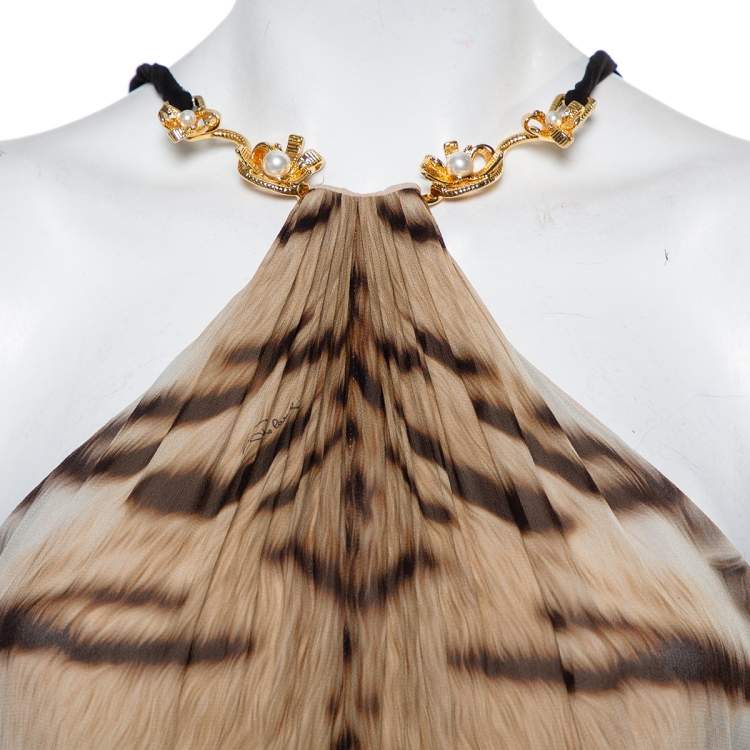 Pre Owned Roberto Cavalli Black Knit Animal Printed Trim Detail Halter Neck Maxi Dress L  