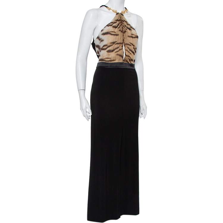 Pre Owned Roberto Cavalli Black Knit Animal Printed Trim Detail Halter Neck Maxi Dress L  