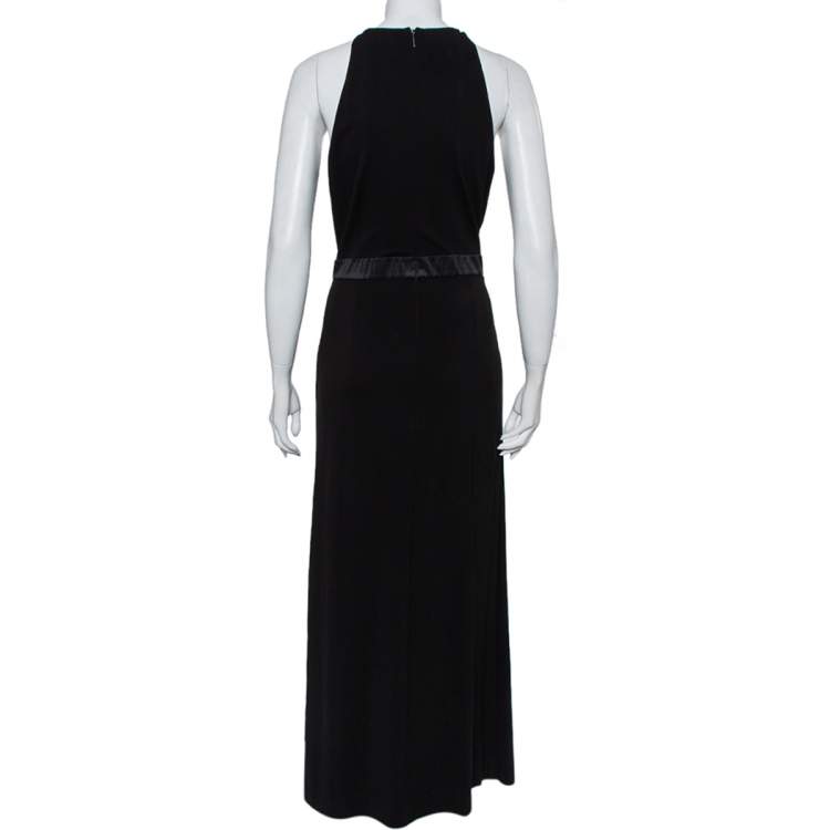 Pre Owned Roberto Cavalli Black Knit Animal Printed Trim Detail Halter Neck Maxi Dress L  