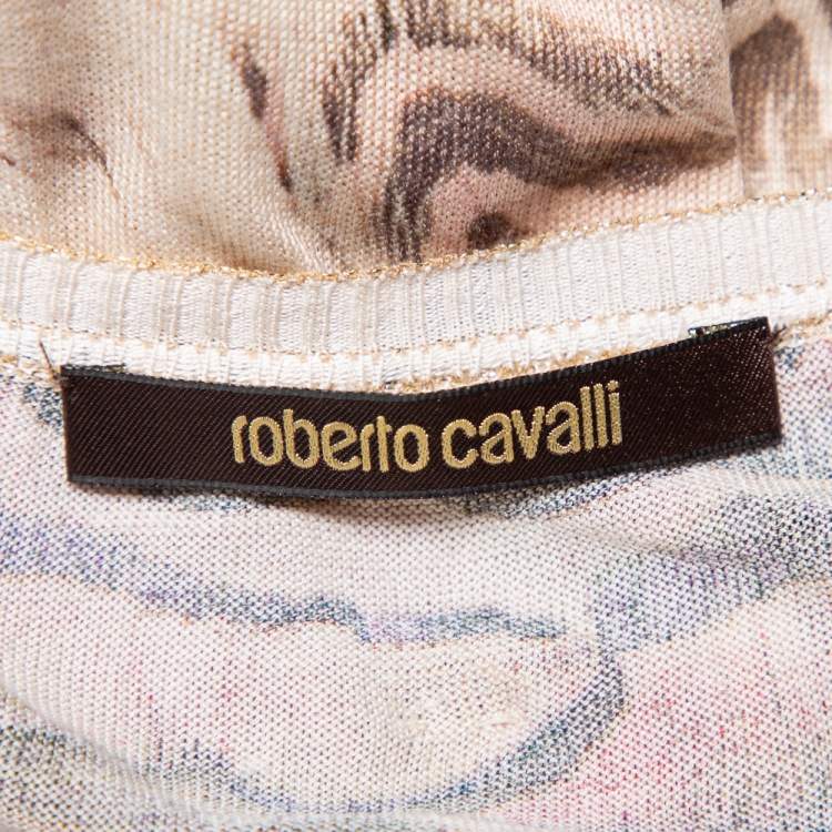 Pre Owned Roberto Cavalli Beige Printed Silk Knit Oversized Sweatshirt M
