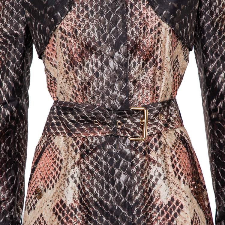 مملوكة مسبقًا Roberto Cavalli Brown Snakeskin Printed Silk Button Front Belted Trench Coat S