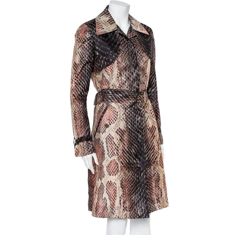 مملوكة مسبقًا Roberto Cavalli Brown Snakeskin Printed Silk Button Front Belted Trench Coat S