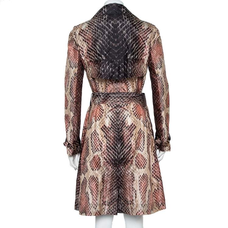 مملوكة مسبقًا Roberto Cavalli Brown Snakeskin Printed Silk Button Front Belted Trench Coat S