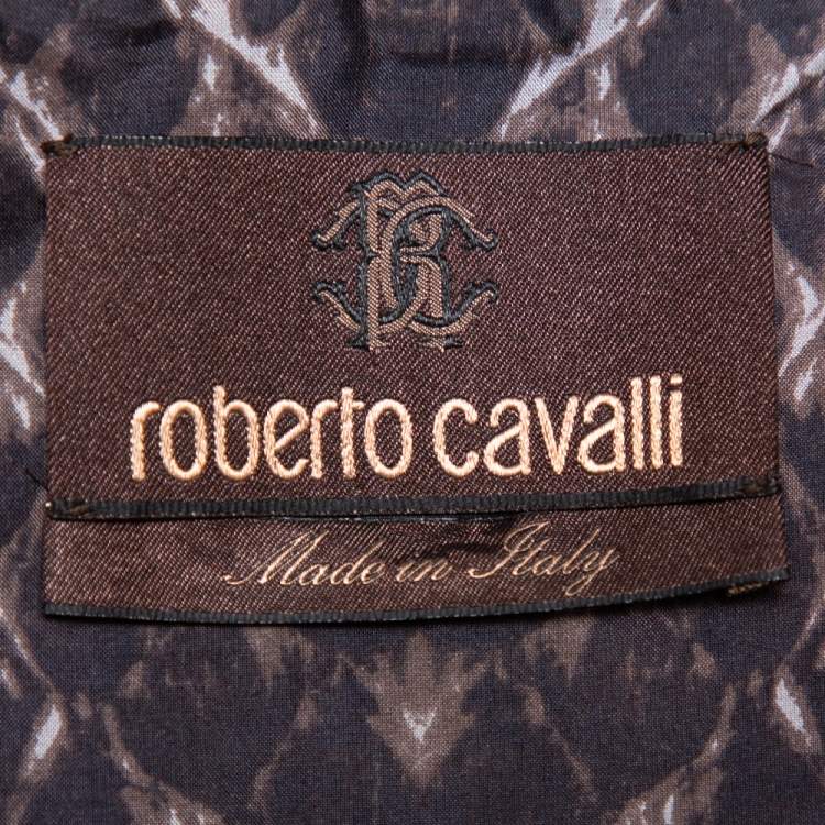 مملوكة مسبقًا Roberto Cavalli Brown Snakeskin Printed Silk Button Front Belted Trench Coat S