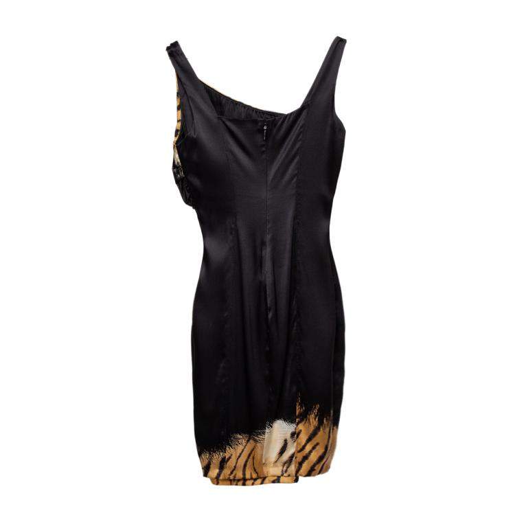 Pre Owned Roberto Cavalli Black Printed Satin Draped Sleeveless Mini Dress M