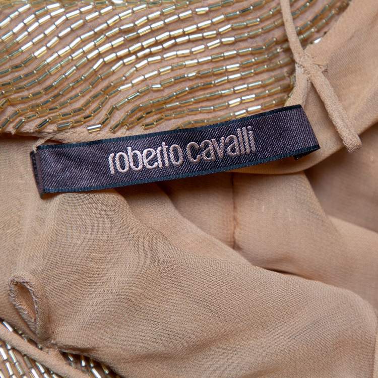 Pre Owned Roberto Cavalli Gold Bead Embellished Silk Overlay Belted Detail Mini Dress S 