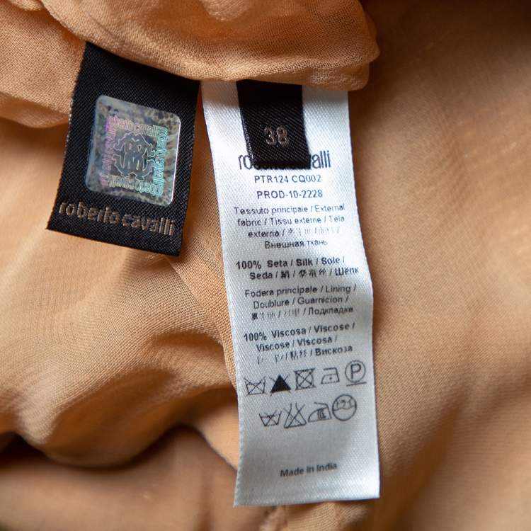 Pre Owned Roberto Cavalli Gold Bead Embellished Silk Overlay Belted Detail Mini Dress S 