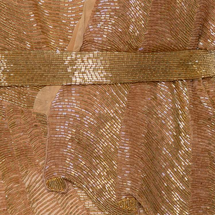 Pre Owned Roberto Cavalli Gold Bead Embellished Silk Overlay Belted Detail Mini Dress S 