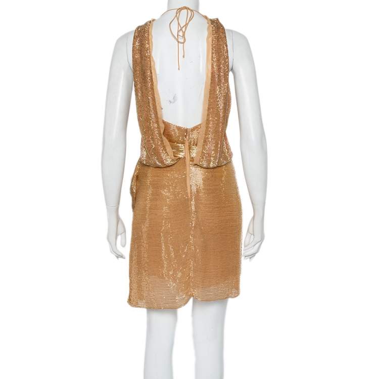 Pre Owned Roberto Cavalli Gold Bead Embellished Silk Overlay Belted Detail Mini Dress S 