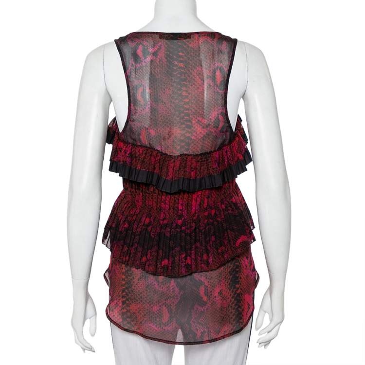 Pre Owned Roberto Cavalli Multicolor Snakeskin Printed Silk Pleated Detail Sleeveless Top S