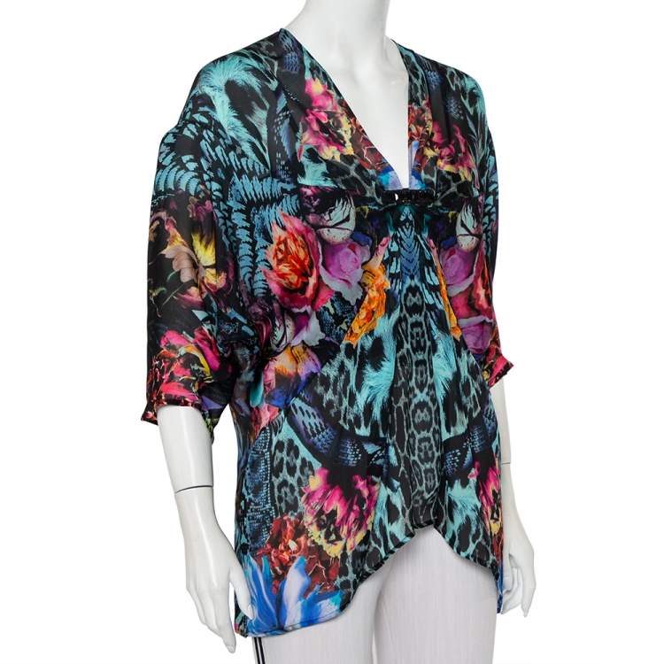 Pre Owned Roberto Cavalli Multicolor Printed Silk Pleated Detail Kaftan Top (One Size)