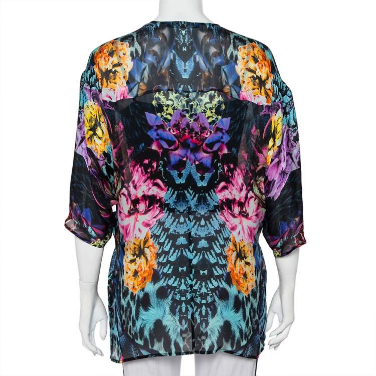 Pre Owned Roberto Cavalli Multicolor Printed Silk Pleated Detail Kaftan Top (One Size)