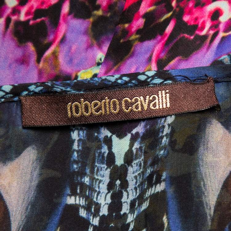 Pre Owned Roberto Cavalli Multicolor Printed Silk Pleated Detail Kaftan Top (One Size)