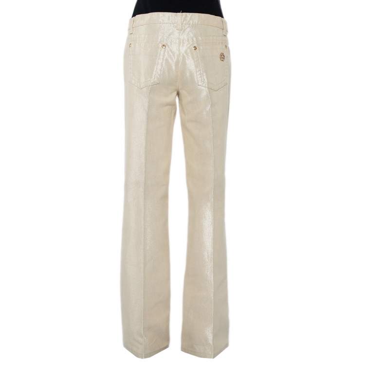 Pre Owned Roberto Cavalli Lurex Gold Denim Straight Leg Jeans XL
