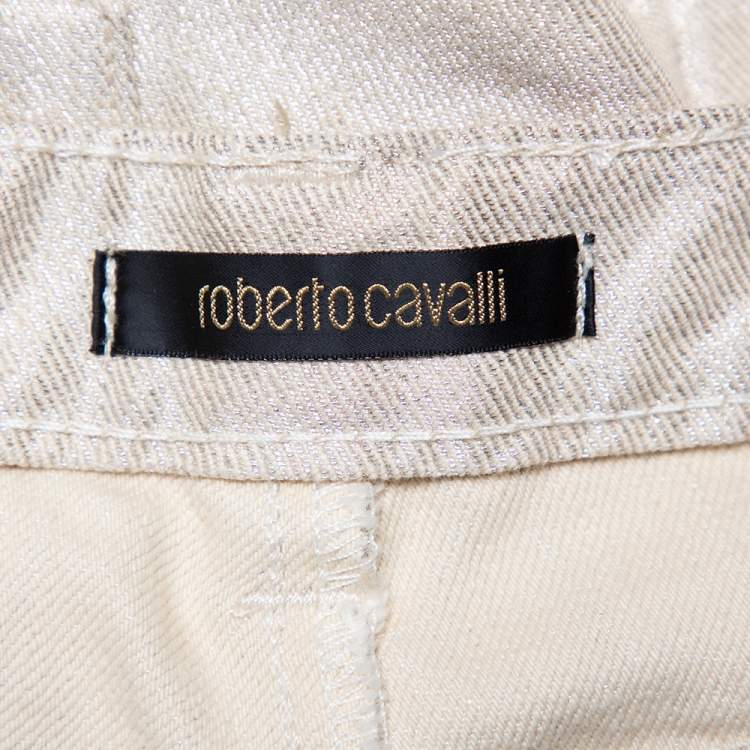 Pre Owned Roberto Cavalli Lurex Gold Denim Straight Leg Jeans XL