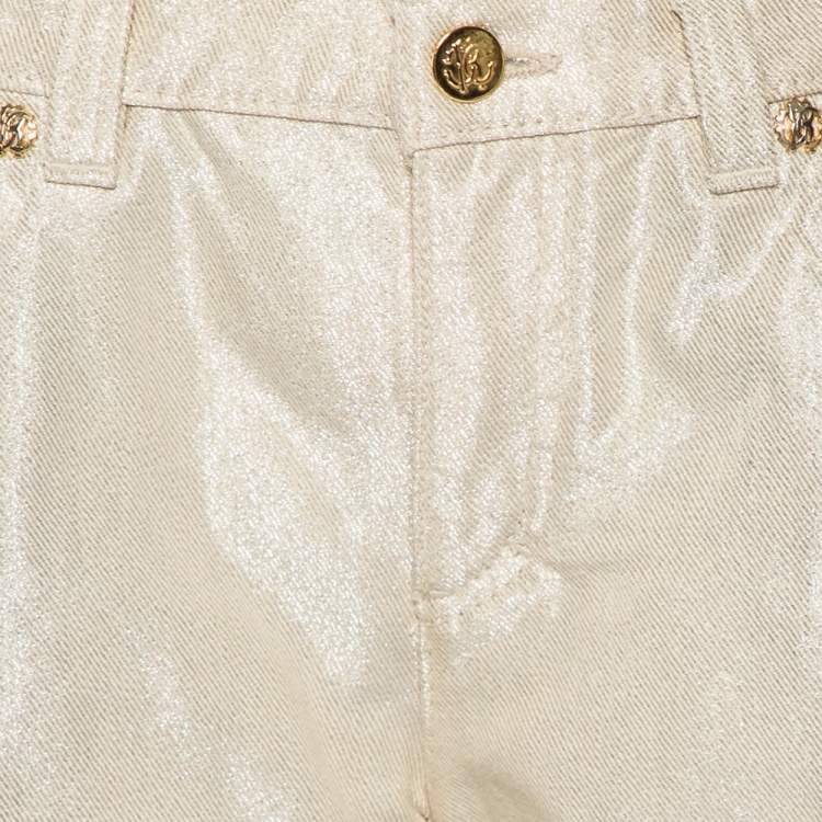 Pre Owned Roberto Cavalli Lurex Gold Denim Straight Leg Jeans XL