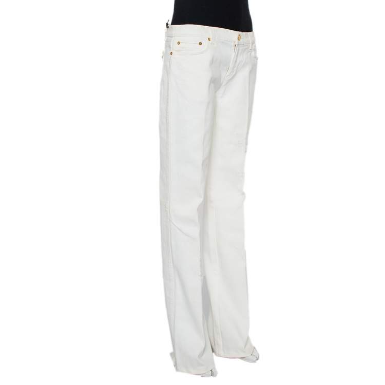 Pre Owned Roberto Cavalli White Denim Distressed Straight Leg Jeans XL