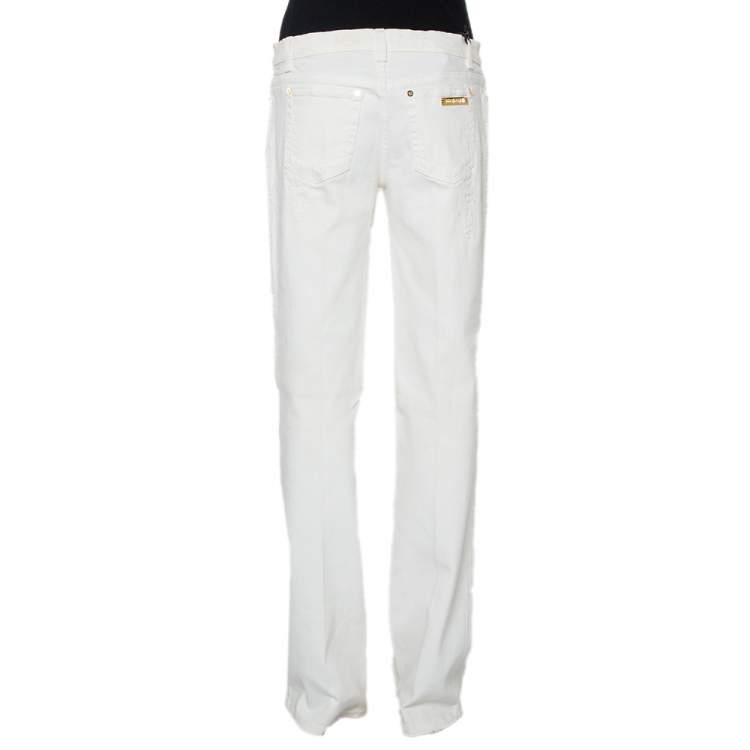 Pre Owned Roberto Cavalli White Denim Distressed Straight Leg Jeans XL
