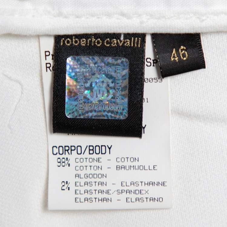 مملوكة مسبقًا Roberto Cavalli White Cotton Pleated Trim Detail Straight Leg Trousers XL