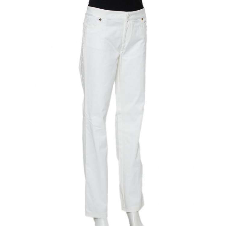 مملوكة مسبقًا Roberto Cavalli White Cotton Pleated Trim Detail Straight Leg Trousers XL