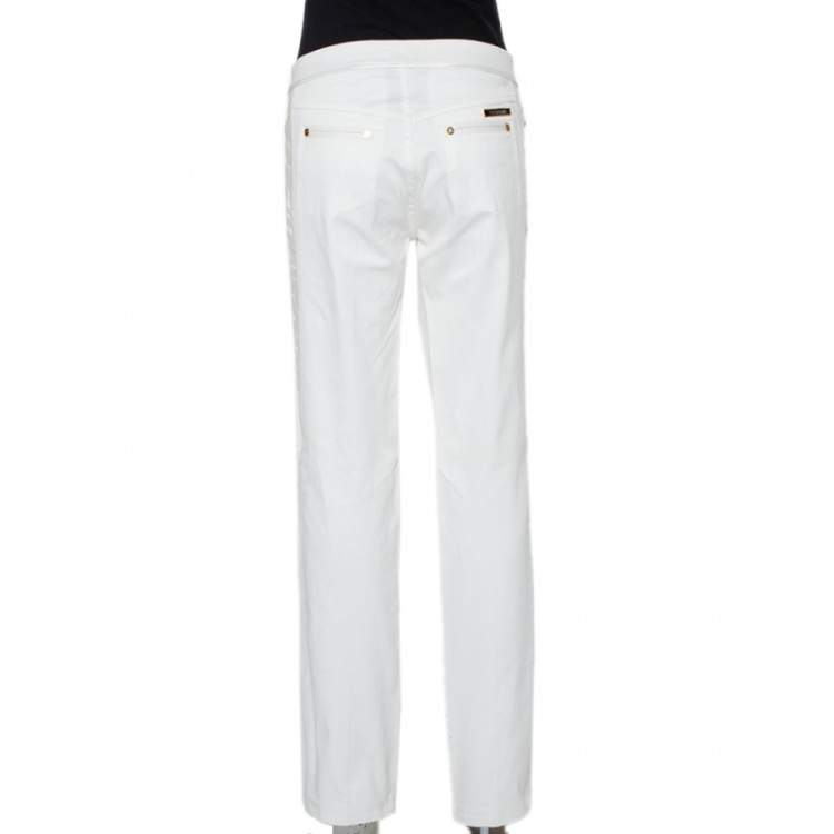 مملوكة مسبقًا Roberto Cavalli White Cotton Pleated Trim Detail Straight Leg Trousers XL