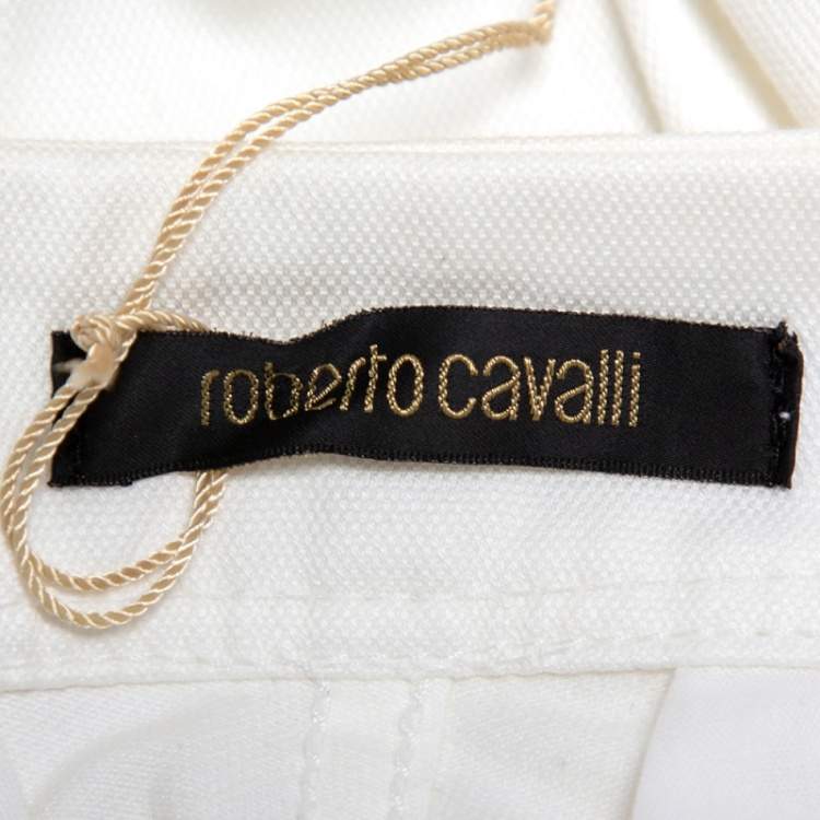 مملوكة مسبقًا Roberto Cavalli White Cotton Pleated Trim Detail Straight Leg Trousers XL