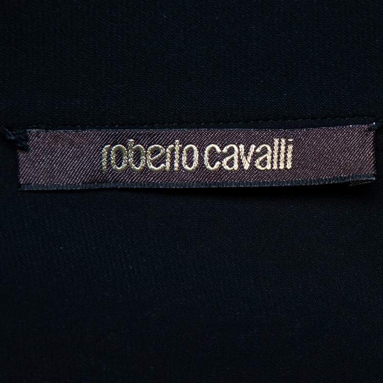 Pre Owned Roberto Cavalli Monochrome Contrast Floral Printed Silk Neck Tie Detail Button Front Top L
