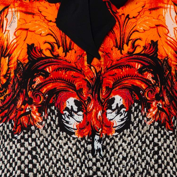 Pre Owned Roberto Cavalli Monochrome Contrast Floral Printed Silk Neck Tie Detail Button Front Top L