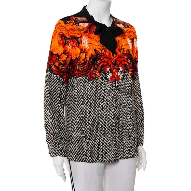 Pre Owned Roberto Cavalli Monochrome Contrast Floral Printed Silk Neck Tie Detail Button Front Top L
