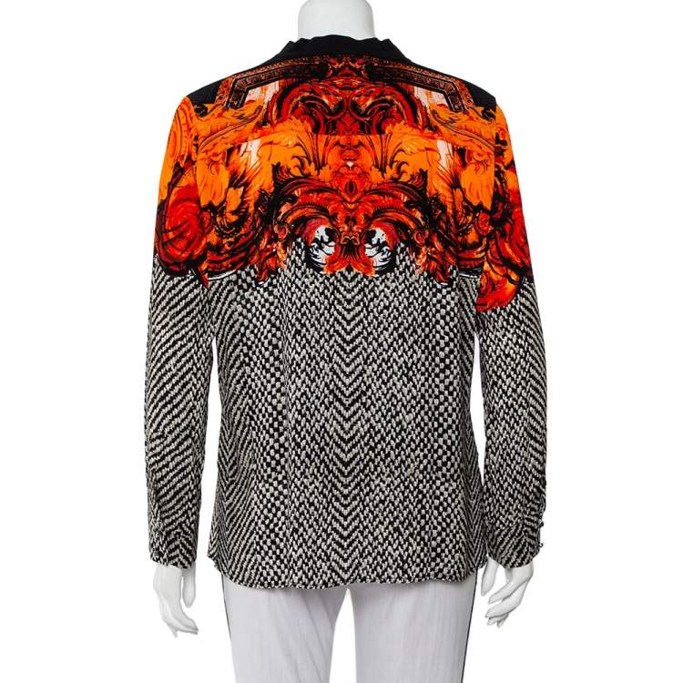 Pre Owned Roberto Cavalli Monochrome Contrast Floral Printed Silk Neck Tie Detail Button Front Top L