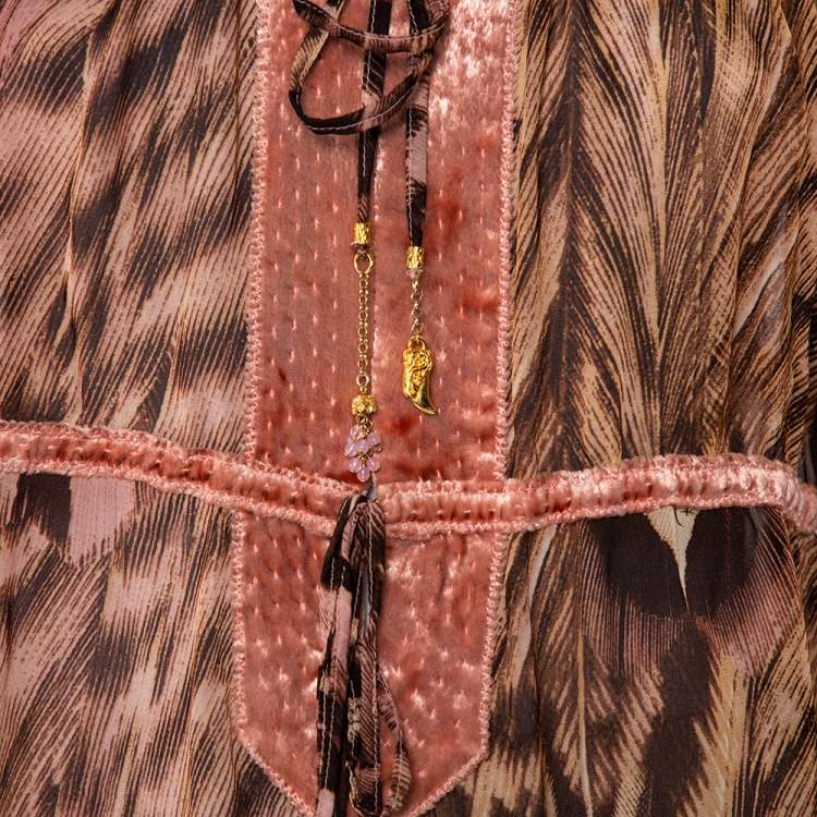 مملوكة مسبقًا Roberto Cavalli Multicolor Animal Printed Silk Velvet Trim Sheer Blouse L