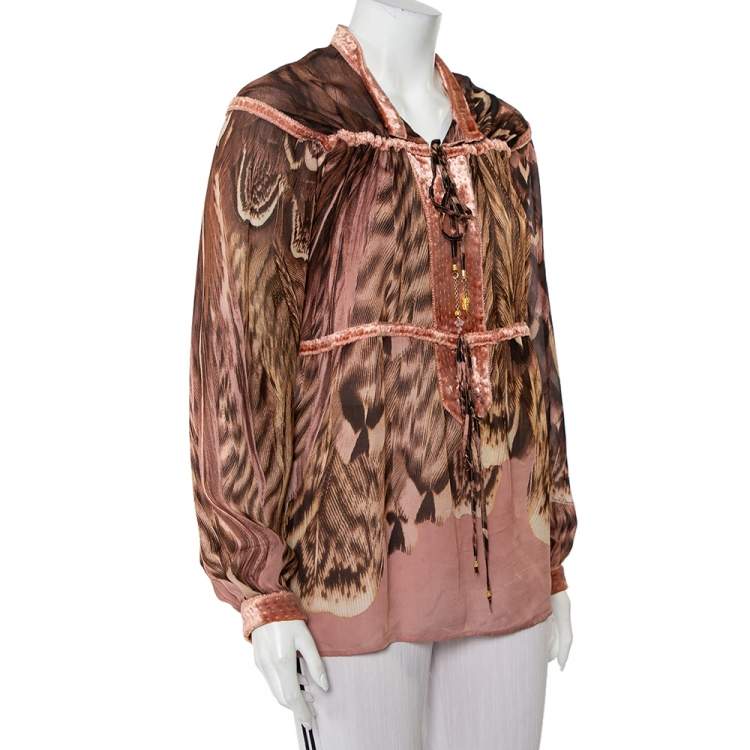 مملوكة مسبقًا Roberto Cavalli Multicolor Animal Printed Silk Velvet Trim Sheer Blouse L