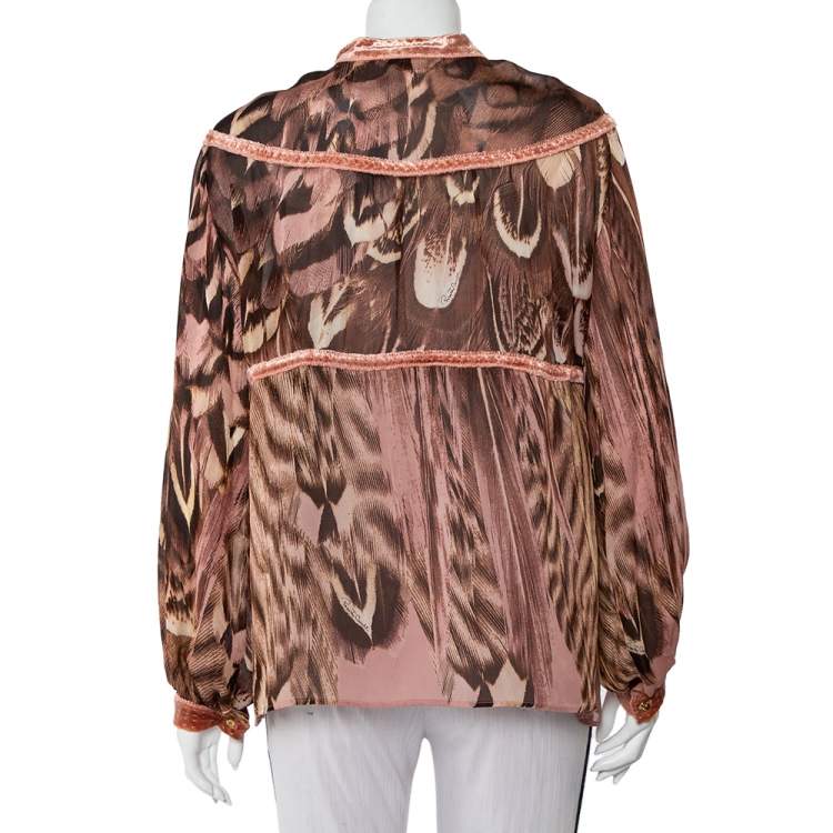 مملوكة مسبقًا Roberto Cavalli Multicolor Animal Printed Silk Velvet Trim Sheer Blouse L