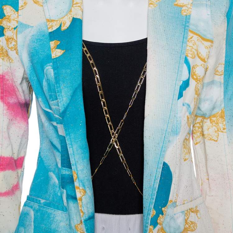 Pre Owned Roberto Cavalli Multicolor Floral Printed Cotton Chain Detail Blazer M