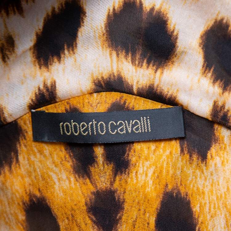 Pre Owned Roberto Cavalli Beige Animal Printed Silk Sheer Shirt & Asymmetric Hem Maxi Skirt S