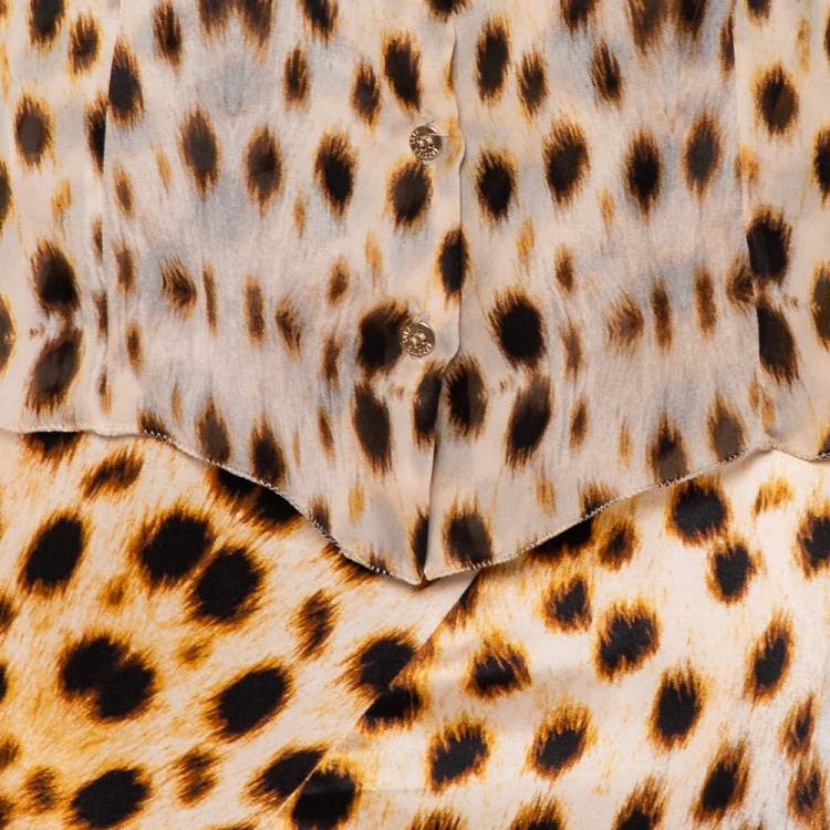 Pre Owned Roberto Cavalli Beige Animal Printed Silk Sheer Shirt & Asymmetric Hem Maxi Skirt S