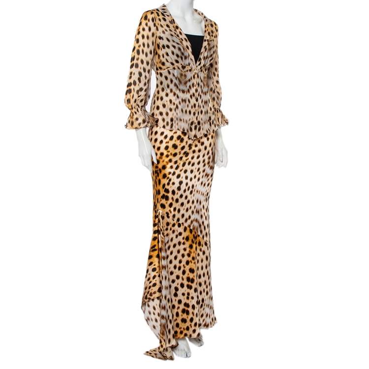 Pre Owned Roberto Cavalli Beige Animal Printed Silk Sheer Shirt & Asymmetric Hem Maxi Skirt S