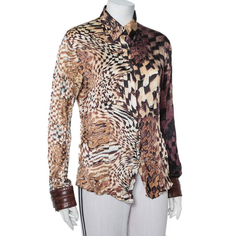 Pre Owned Roberto Cavalli Brown Animal Printed Silk Leather Trim Button Front Shirt XL 